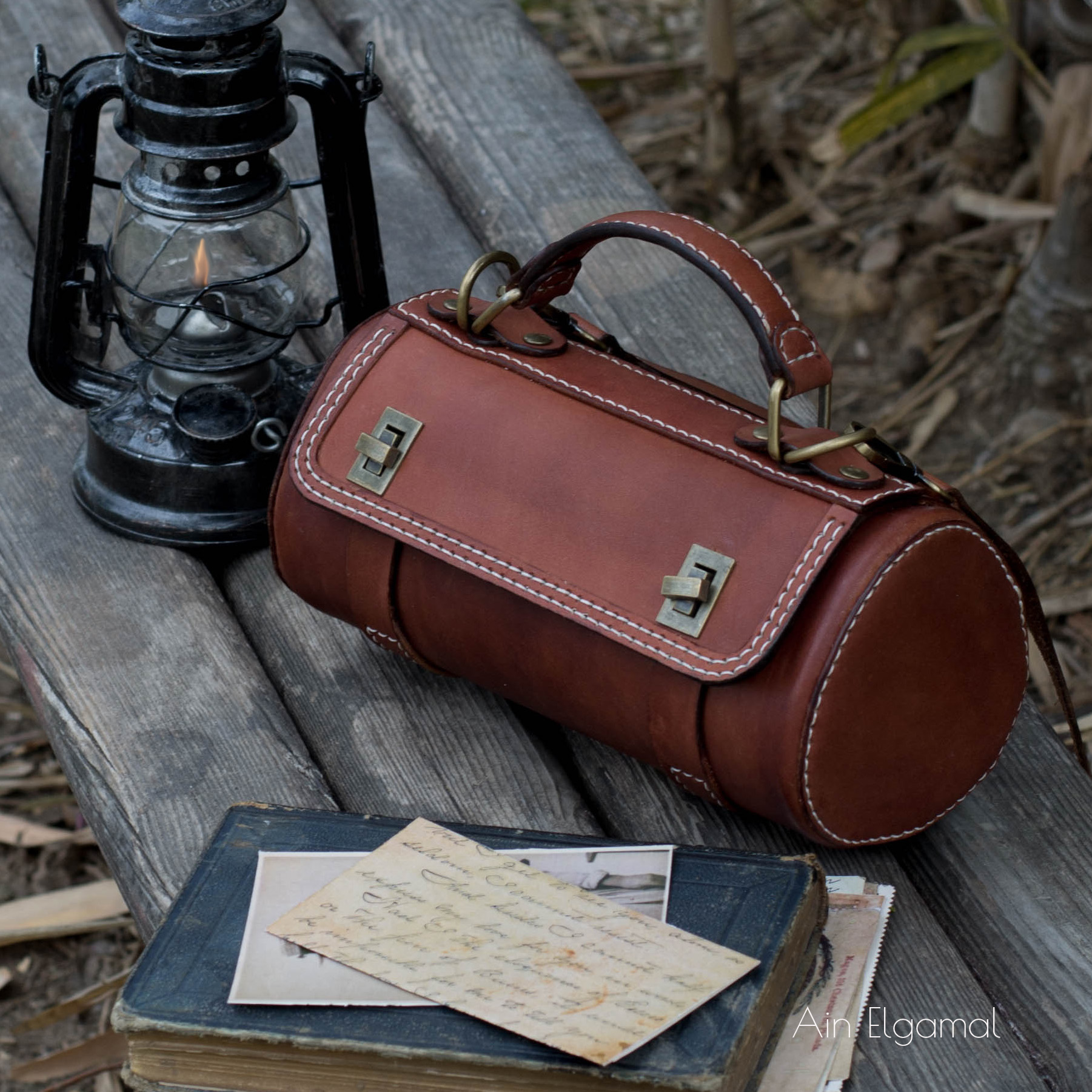 Handmade horizontal leather vintage bag